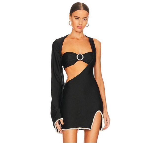 New Khanums Knur Pearl Trim Mini Dress in Black XS Revolve - Picture 1 of 16